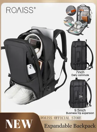 Unisex Multifunctional Expandable Backpack with Separate Shoe Compartment USB Charging Box Shaped Structure Large Capacity Horizontal Handheld Rolling Suitcase Attachment Ideal for Short Trips 
