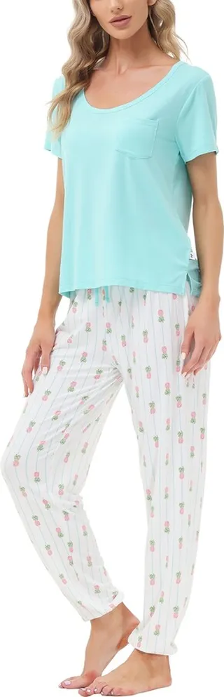 Echo Women's Short Sleeve Pocket T-Shirt with Printed Jogger Pants 2 Piece Pajama Set