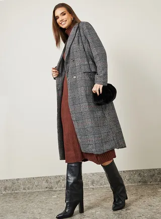 Houndstooth Pattern Wool Like Double Breasted Midi Coat 
