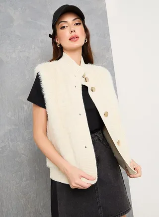 Fluffy Faux Fur High Neck Vest Coat 