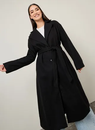Oversized Solid Belted Wool Like Midi Coat