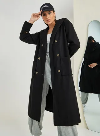 Regular Fit Wool Like Hooded Double Breasted Coat with Belt 