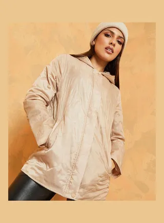Longline Zip Through Regular Fit Quilted Hooded Jacket 