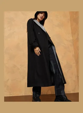 Maxi Length Wool Like Buttoned Coat with Contrast Lapel 