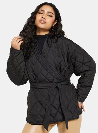 Plain Waist Belt V-Neck Coat Black 
