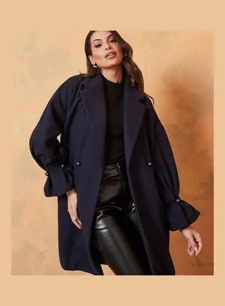 Longline Oversized Fit Wool Like Button Detail Coat with Volume Sleeves 