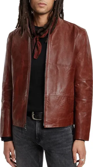 Mock Neck Zip Leather Jacket