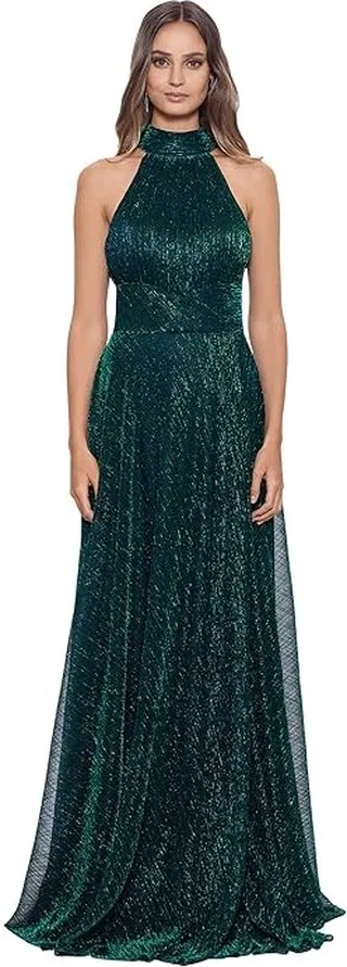 Betsy & Adam Mock Neck Metallic Crinkle Wrap Gown (Jade) Women's Clothing
