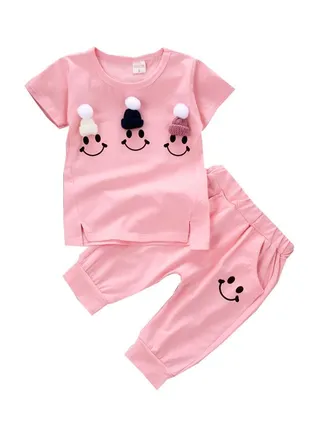 2-Piece Smiley Printed T-Shirt With Pants Pink/Black 
