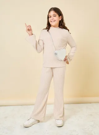 Flare Hem Solid Rib T-Shirt & Pant Set 