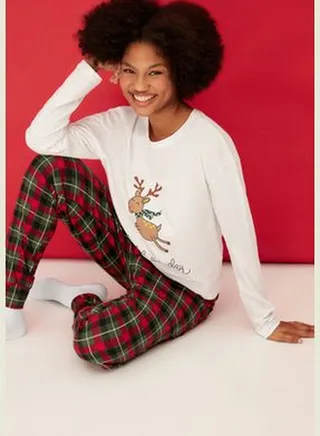Multicolored 100% Cotton Christmas Theme T-shirt-Jogger Knitted Pajamas Set THMAW21PT0776