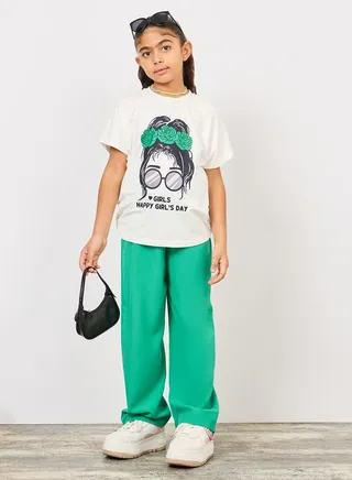 Happy Girl's Day Slogan Print T-shirt and Wide Leg Pant Set 