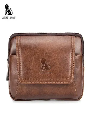 LAOSHIZI Cowhide Genuine Leather Men's Waist Pack Mobile Phone Belt Bags Pouch Fanny Pack 