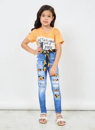 Sunflower Print T-shirt and Denim Print Pant Set 