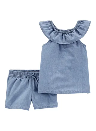 Infant Girls Ruched Ruffle Top & Shorts Set Denim 