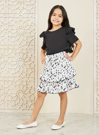 Ruffle Detail Sleeve Top & Printed Layered Skirt Set 