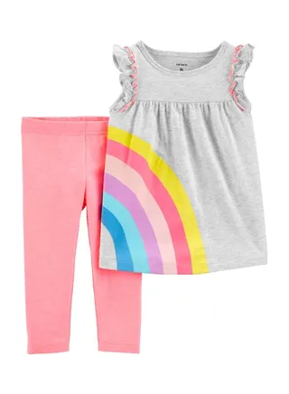 2 Pack Rainbow Printed Top And Capri Leggings Set Grey/Pink/Yellow 