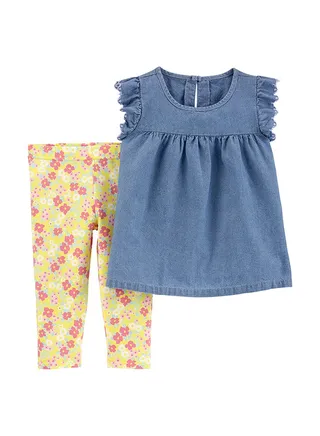 2-Piece Chambray Top & Floral Legging Set Denim 