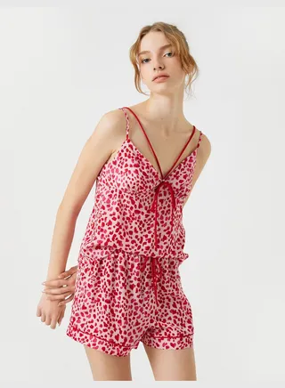V Neck Heart Printed Spaghetti Strappy Pyjama Top