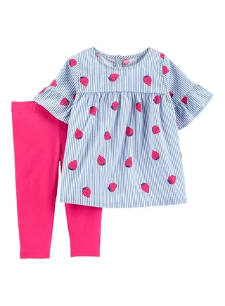 Girls Striped Strawberry Print Leggings Set Multicolour 