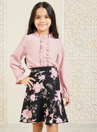 Ruffle Trim Long Sleeves Top & Floral Print Skirt Set 