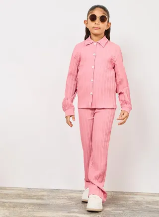 Stripe Textured Shirt & Straight Leg Pants Set 
