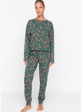Green Christmas Themed Printed Knitted Pajamas Set THMAW21PT0771