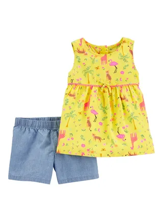 2-Piece Infant Girls Jungle Poplin Top & Chambray Shorts Set Yellow/Blue 