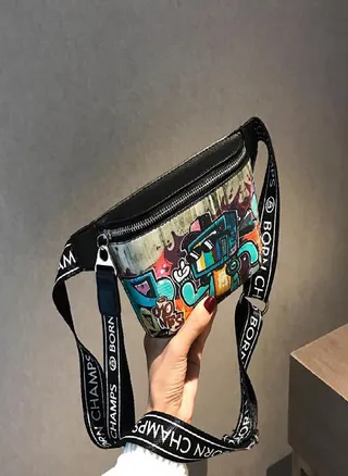 Hip Hop Fashion Painted Graffiti Small Waist Bag Casual Crossbody Bag Chest Bag Women Shoulder Messenger Bags 