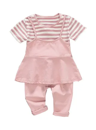 2-Piece Striped T-Shirt With Pants Pink/White 