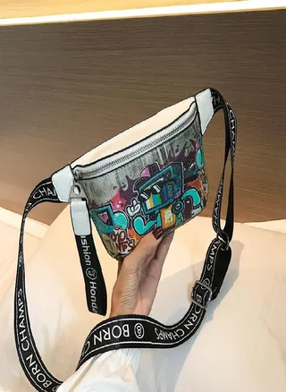 Hip Hop Fashion Painted Graffiti Small Waist Bag Casual Crossbody Bag Chest Bag Women Shoulder Messenger Bags 