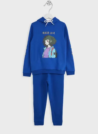 Girls Graphic Printed Hoodie And Jogger Set 