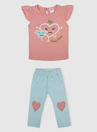 Printed Round Neck Top And Bottom Set Pink/Blue/White 