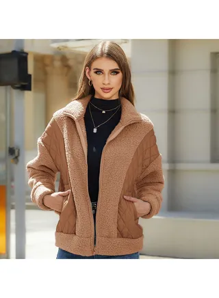 Fashion Women's Autumn and Winter New Long-sleeved Cardigan Zipper Plush Splicing Women's Coat 