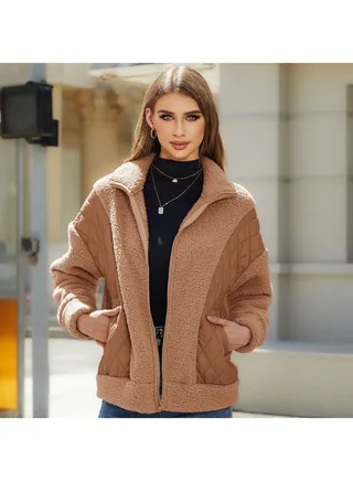 Fashion Women's Autumn and Winter New Long-sleeved Cardigan Zipper Plush Splicing Women's Coat 