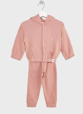 Girls Basic Logo Printed Zipper Hoodie And Jogger Set 