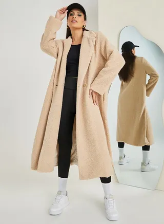 Regular Fit Faux Fur Double Breasted Midi Coat 