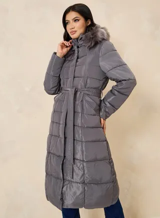 Regular Fit Hooded Padded Midi Coat 