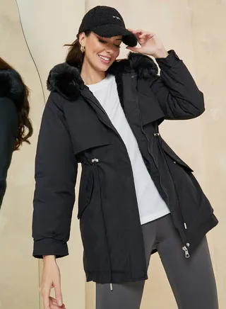 Regular Fit Parka Coat with Faux Fur Hoodie 