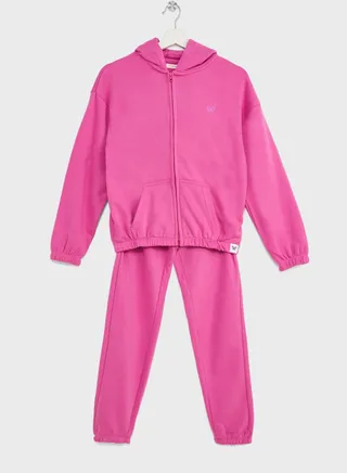 Girls Basic Logo Printed Zipper Hoodie And Jogger Set 