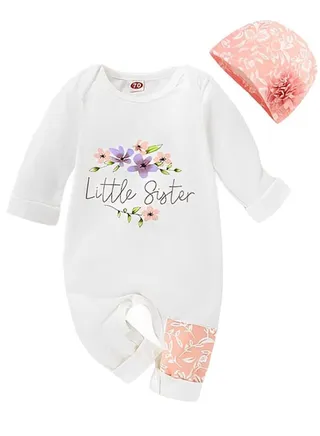 Newborn Baby Girl Clothes Set, Onesie Romper Bodysuit with Floral Hat, Adorable Infant Floral Overall Sleepsuit, Fits 6-9 Months, Cute Outfit 