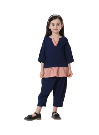 Girls Top And Harem Pant Set Navy Blue/Brown 