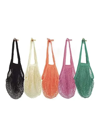 5 Pack Cotton Mesh Bag, Portable Reusable Washable Cotton Mesh String Organic Organizer Shopping Handbag Long Handle Net Shopping Bag 