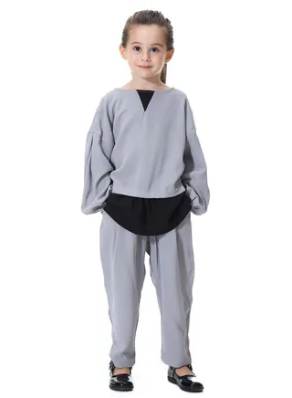Girl's 2-Piece Set Outfit Round Neck Top And Loose Harem Pants Suit Grey/Black 