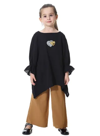 Girl's 2-Piece Set Outfit Round Neck Flare Sleeve Top And Loose Pants Suit Black/Brown 