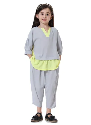 Girl's 2-Piece Set Outfit Mid-Sleeve Top And Loose Cropped Pants Suit Grey/Yellow 