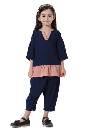 Girl's 2-Piece Set Outfit Mid-Sleeve Top And Loose Cropped Pants Suit Navy Blue/Dusty Pink 