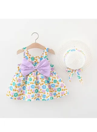 New Little Fragmented Flower Big Bow Straw Hat Skirt Girl's Strap Dress Gift Hat 