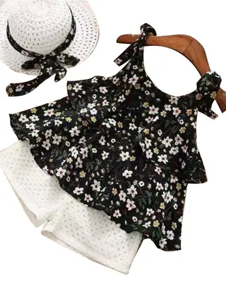 Girls Clothing Sets Summer Floral Suspender Chiffon  Tops + Solid Shorts Sets 2pcs Kids Clothes Suit 2pcs Outfits with hat 