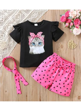 3pcs, Cartoon Cat Graphic Frill Trim Short Sleeve, Crew Neck T-shirt + Heart Pattern Shorts With headband Set For Girls, Comfy And Trendy Suit Summer Gift Holiday Set 